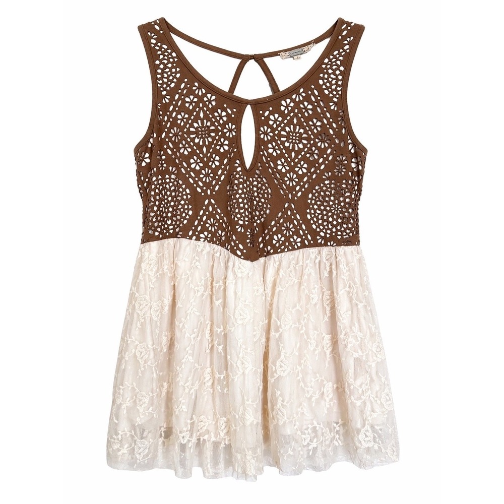 BKE Gimmicks Tank Top Women Small Brown Cream Lace Babydoll Boho Cutout Festival - Picture 2 of 13